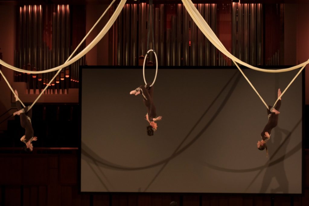Appalachian spring, Kennedy center, performing arts, boulder philharmonic, frequent flyers, aerial dance, aerial hoop, lyra, aerial sling, knee hang, upside down