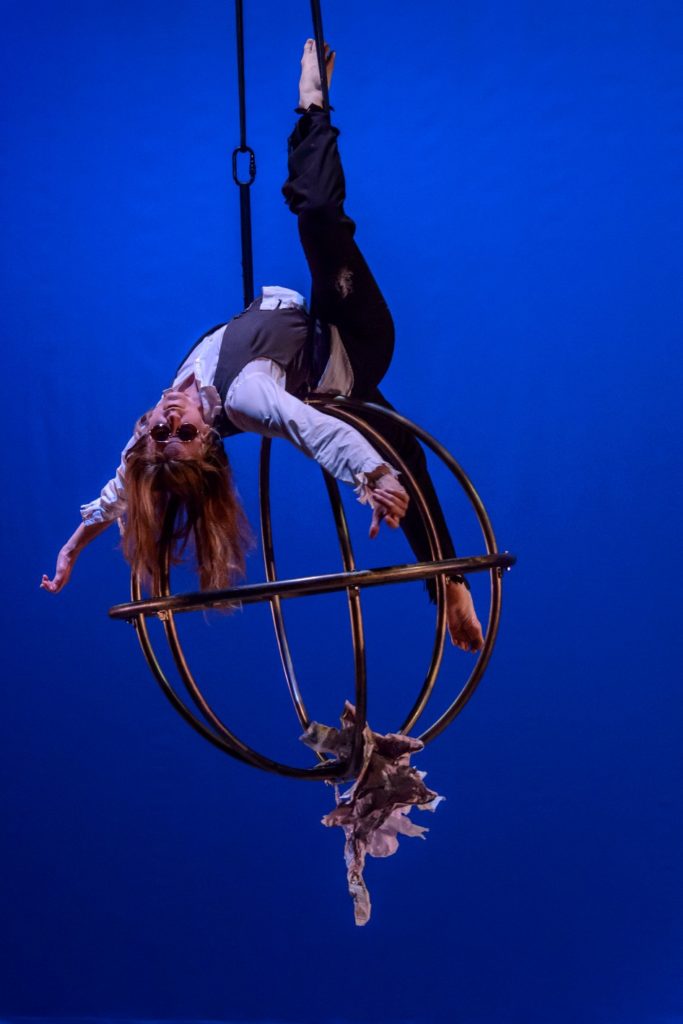 blue, aerial sphere, frequent flyers, aerial dance, upside down, sunglasses, birdhouse