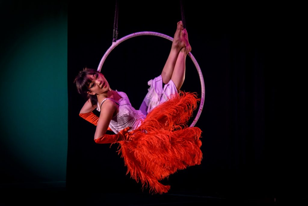 aerial hoop, lyra, circus, burlesque, bird, house, birdhouse, feathers, red, frequent flyers, aerial dance