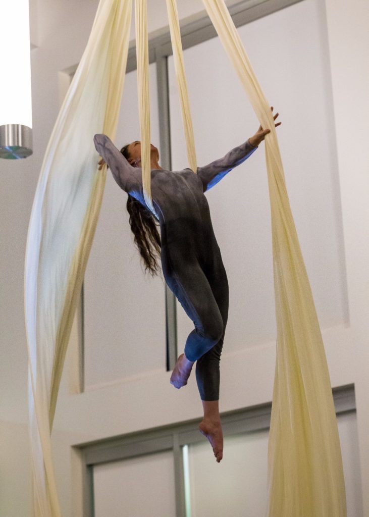 aerial fabric, aerial sling, unitard, frequent flyers, aerial dance, conjure up, longmont museum