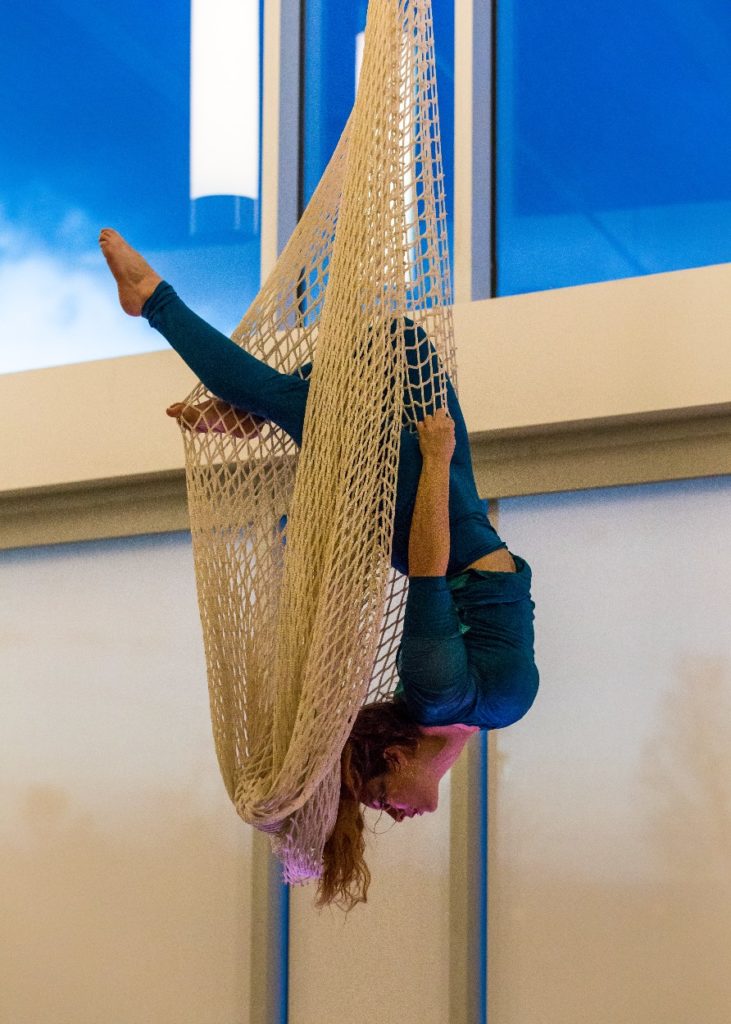 mermaid, aerial net, frequent flyers, aerial dance, conjure up, longmont museum, upside down