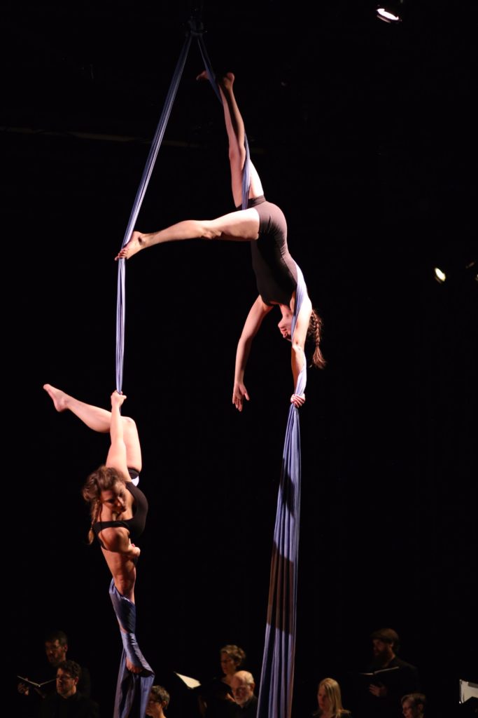inspire, respire, music in the air, aerial fabric, duet, partnering, shapes, a capella, singers, frequent flyers, aerial dance