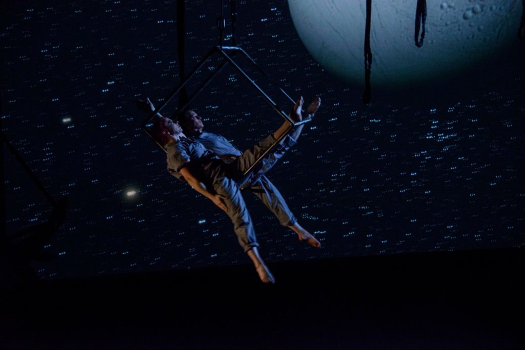 outer space, star sailors, frequent flyers, aerial dance, duet, aerial cube, projection, planetarium
